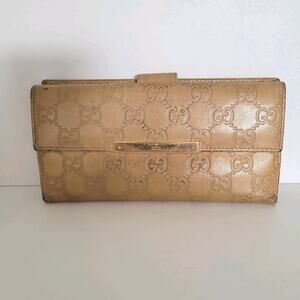 GUCCI GG Guccissima Logo Metal Bar Plate All Leather Wallet Long Bifold Beige